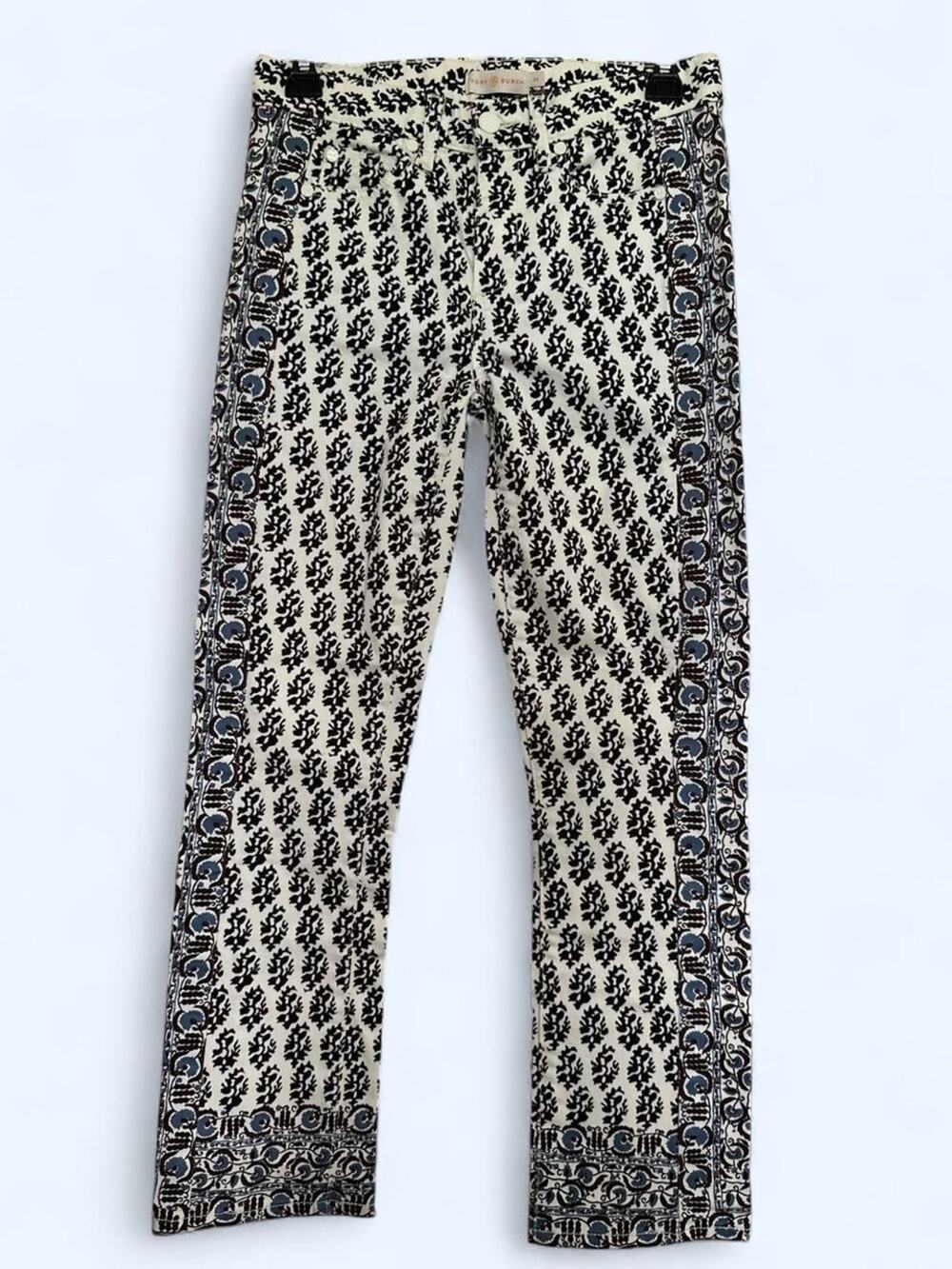 Tory Burch Reya Ankle Straight Leg Jeans Printed Blue Black Graphic Size 24